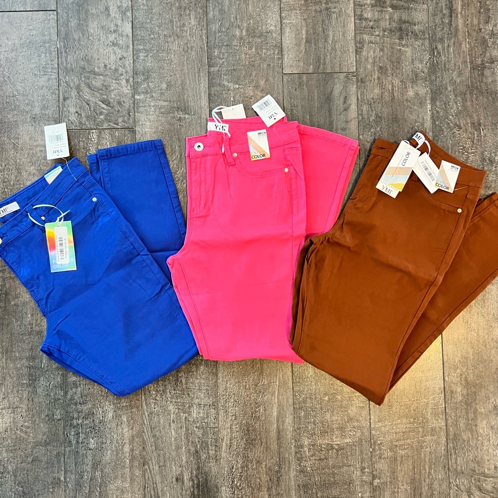 YMI Skinny Pants Trio in Blue, Pink & Brown